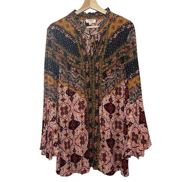 UMGEE Women’s Boho Tunic Mini Dress Small Size Bell Sleeves Rayon - Picture 2 of 12